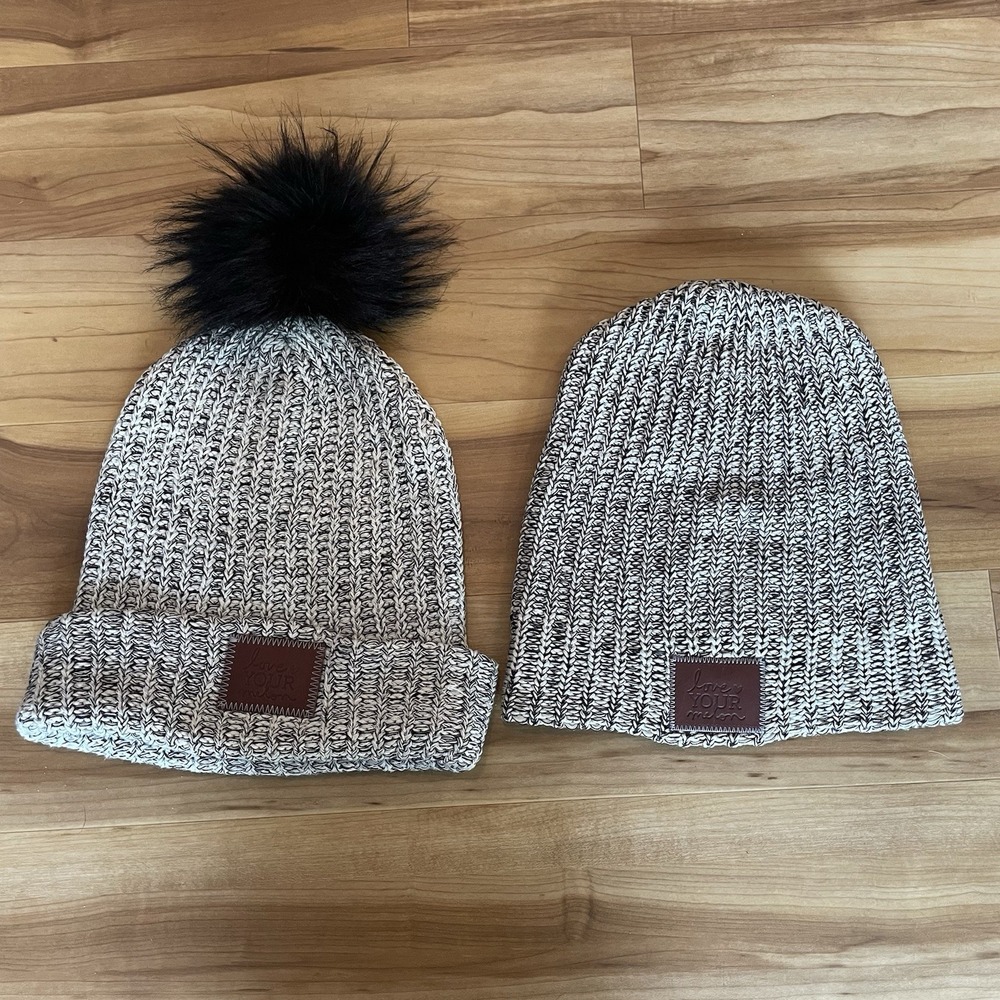 Lot of 2 Love Your Melon Beanies - Black/White Speckled Marbled Knit Set